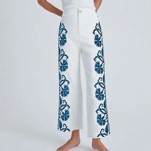 Anthropologie White Wide-Leg Pants with Blue Embroidered Side Panels